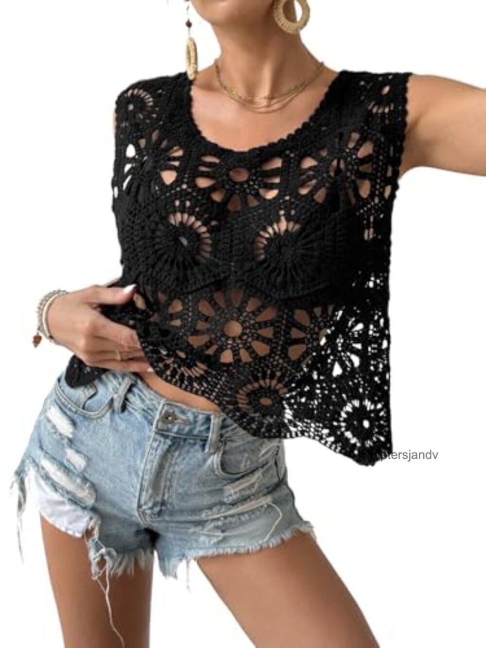 Womens Boho Crochet Tank Top Sleeveless Scoop Neck Beach Cover Up